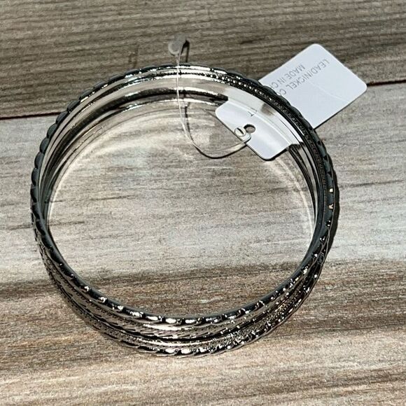 Bangle Stack Set 6 Etched Bracelet Silver Tone Alternating Width Sparkle Classic - Picture 2 of 7